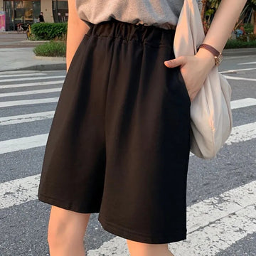 Znbbw Summer Black Short Women Fashion Ladies Elastic Waist Short Pant High Waist Streetwear Wide-leg Oversize Simple Unisex Short